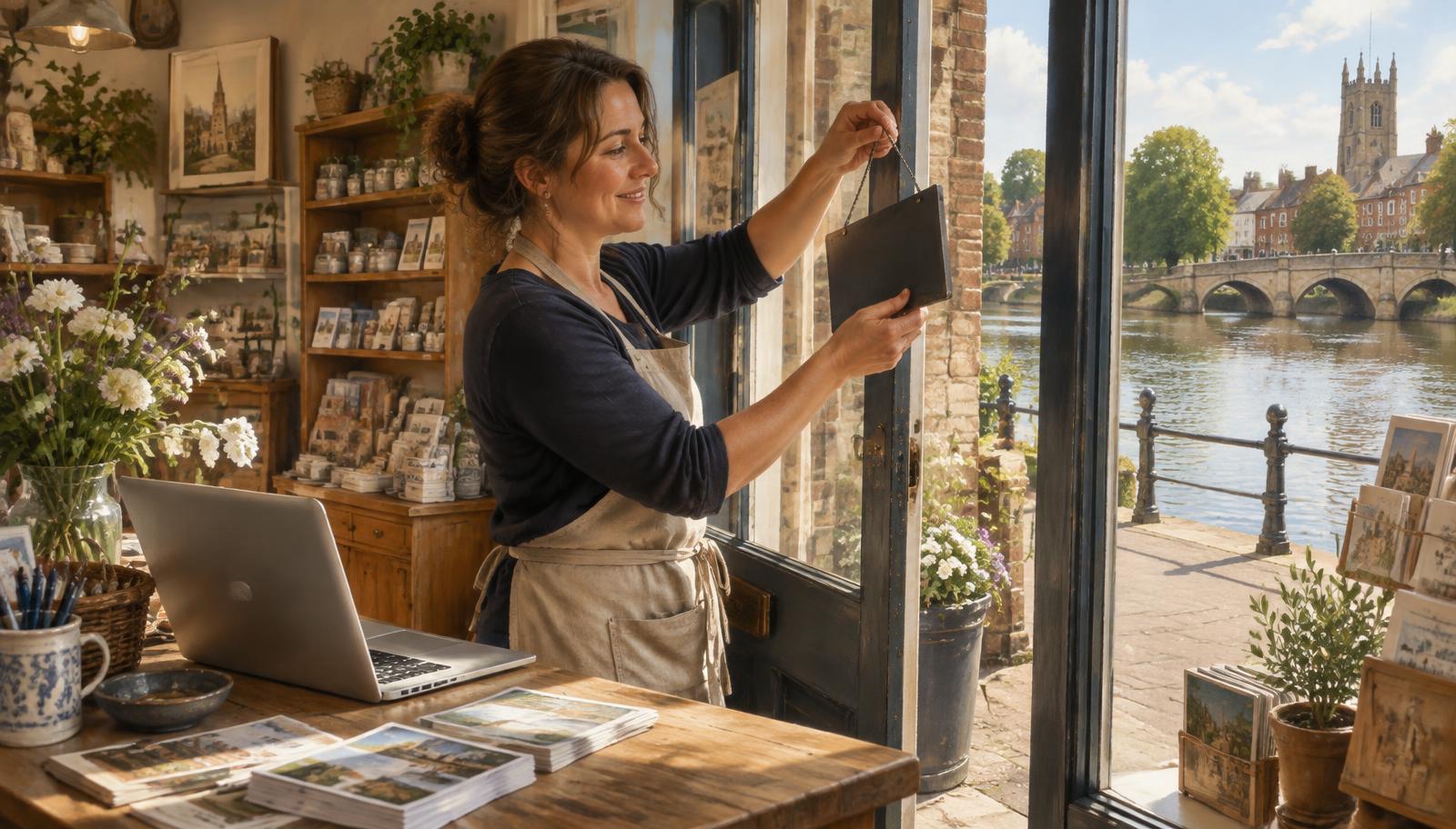Artist's impression of a Huntingdon shop owner opening up, with the River Great Ouse and old bridge beyond the window