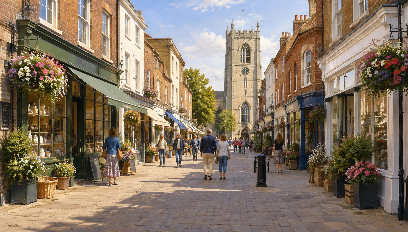 Artist's impression of shoppers on Huntingdon High Street with All Saints' Church tower at the far end