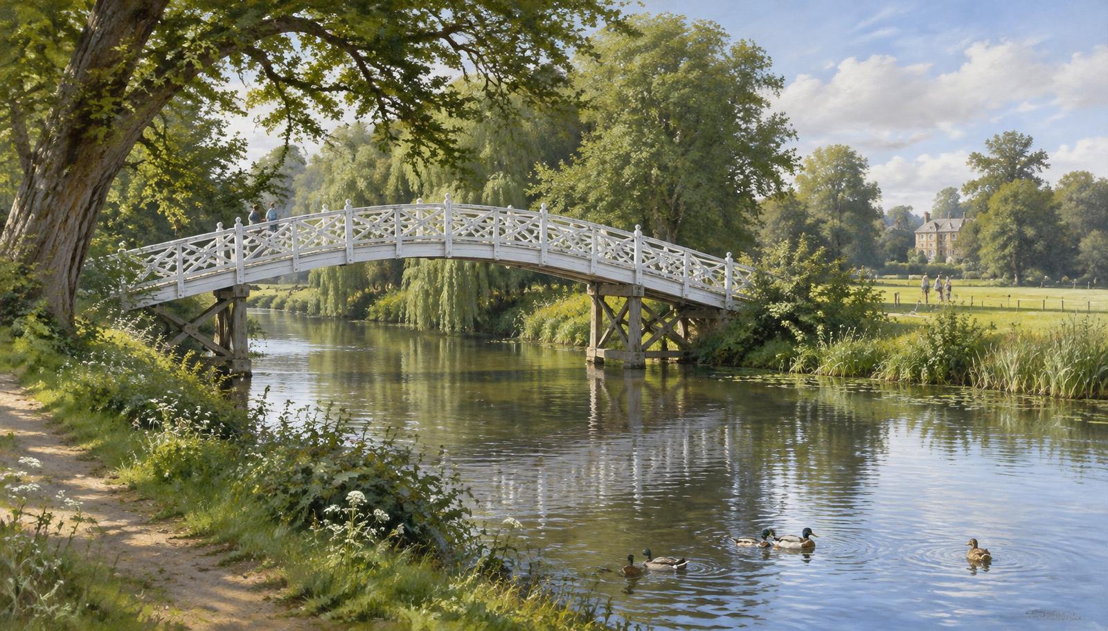 Artist's impression of the white Chinese Bridge over a backwater of the River Great Ouse in Godmanchester